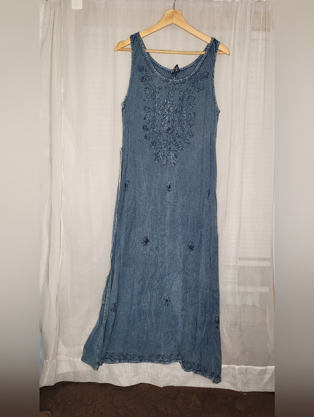Geeta Blue Rayon Embroidered Midi Dress Medium Boho Cottagecore